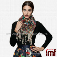 new 2015 fashional and national wool print tassels scarf Hot Sale Fringed scarf